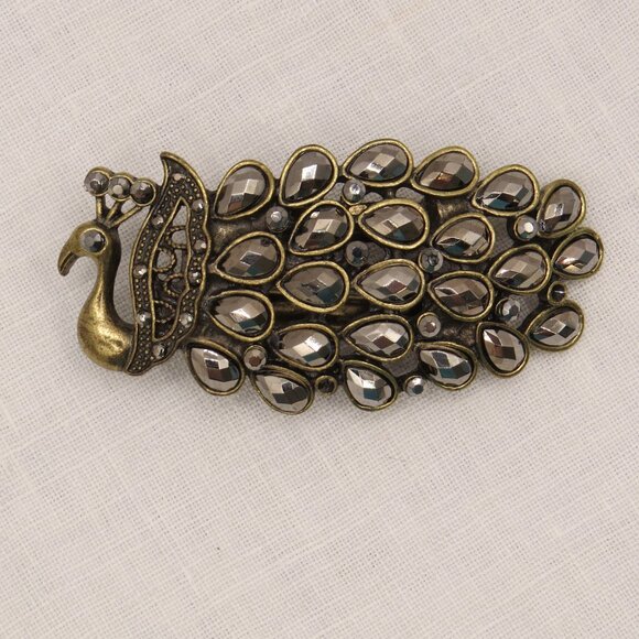Vintage Peacock Hair Clip/Brooch Pin Teardrop Rhinestones -missing 2 tiny stones - Picture 7 of 9
